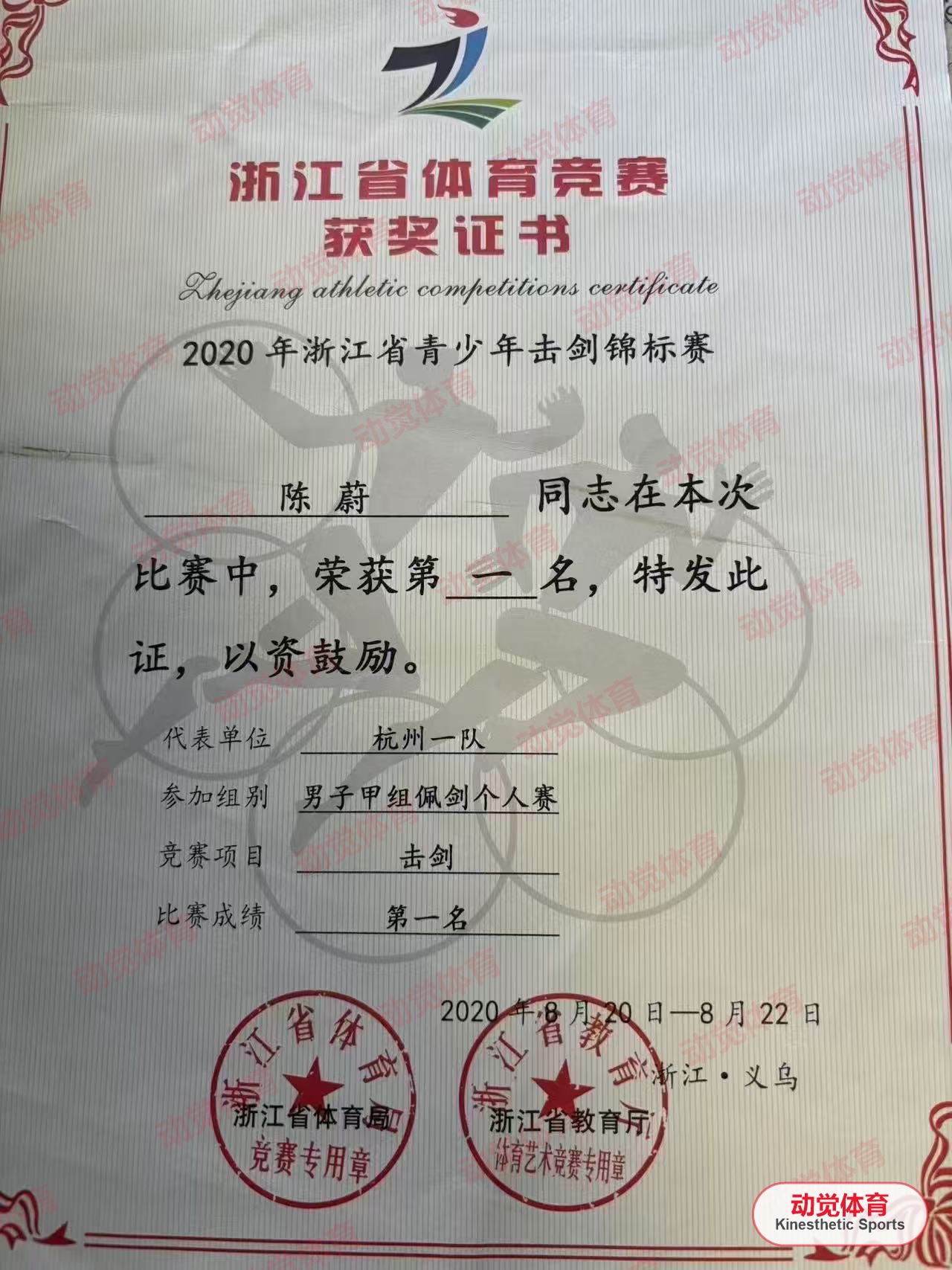 陈蔚浙江省青少年击剑锦标赛男子甲组佩剑个人赛第一名获奖证书