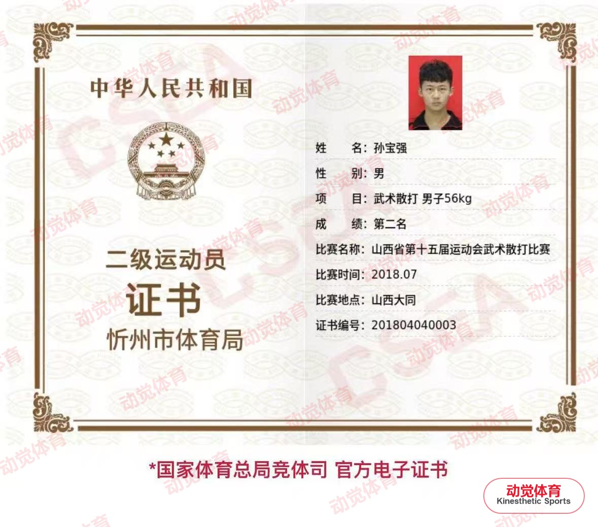 孙宝强男子56公斤级武术散打二级运动员证书